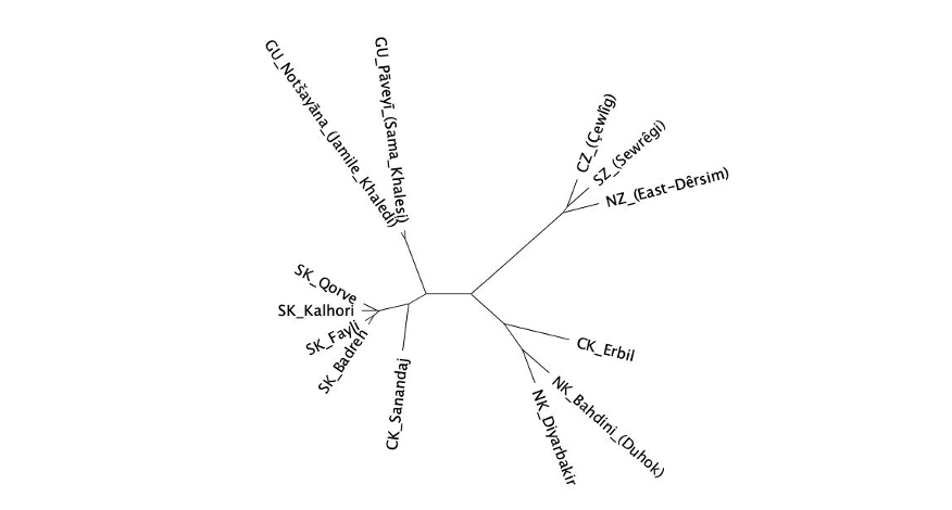 Unrooted radial display of the same Kurdish, Gorani, and Zazaki variety relationships