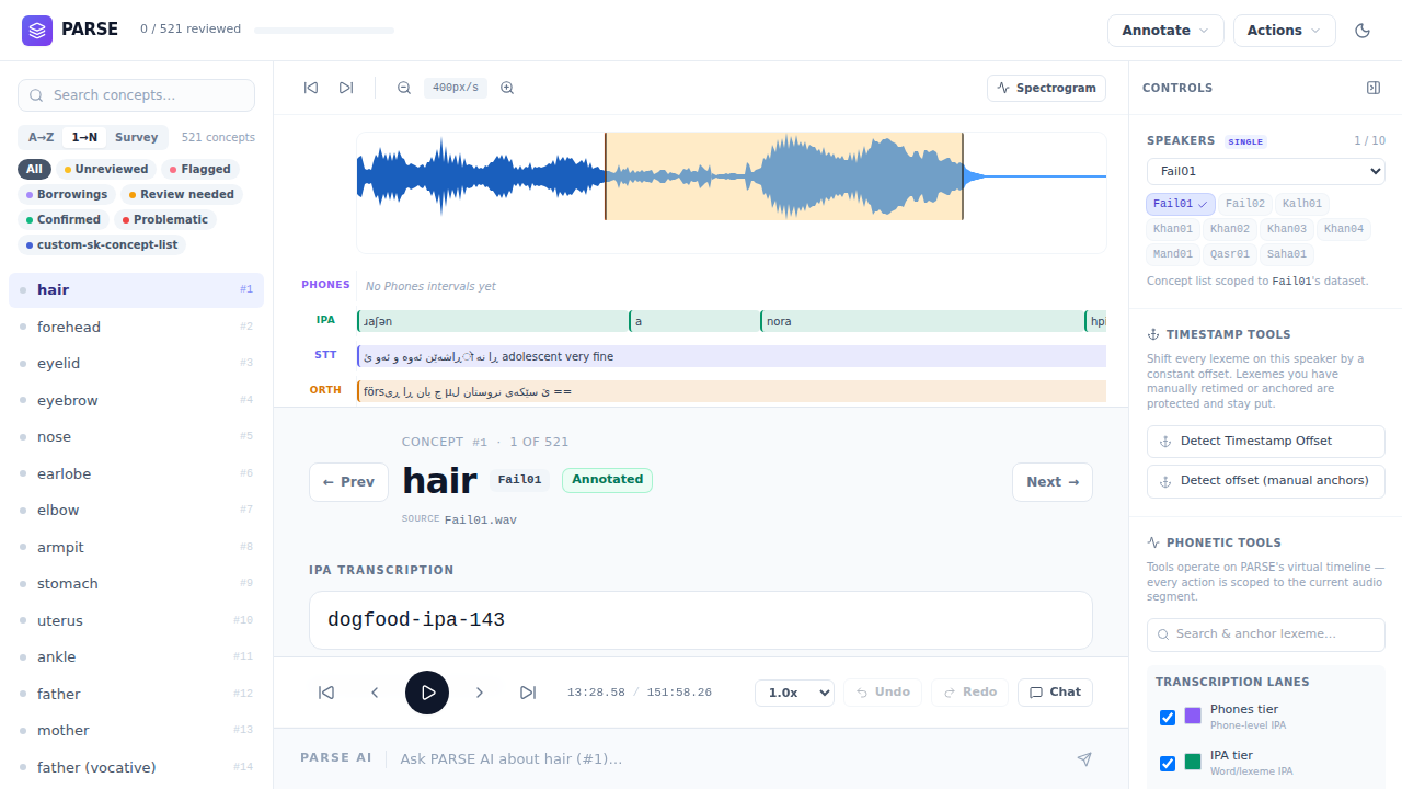 PARSE Annotate mode — waveform, IPA and orthography tiers, ranked candidates