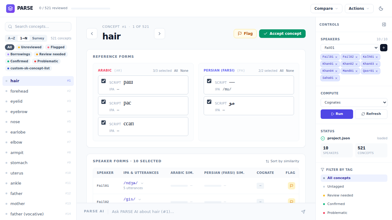 PARSE Compare mode showing concept-by-speaker matrix with cognate adjudication controls