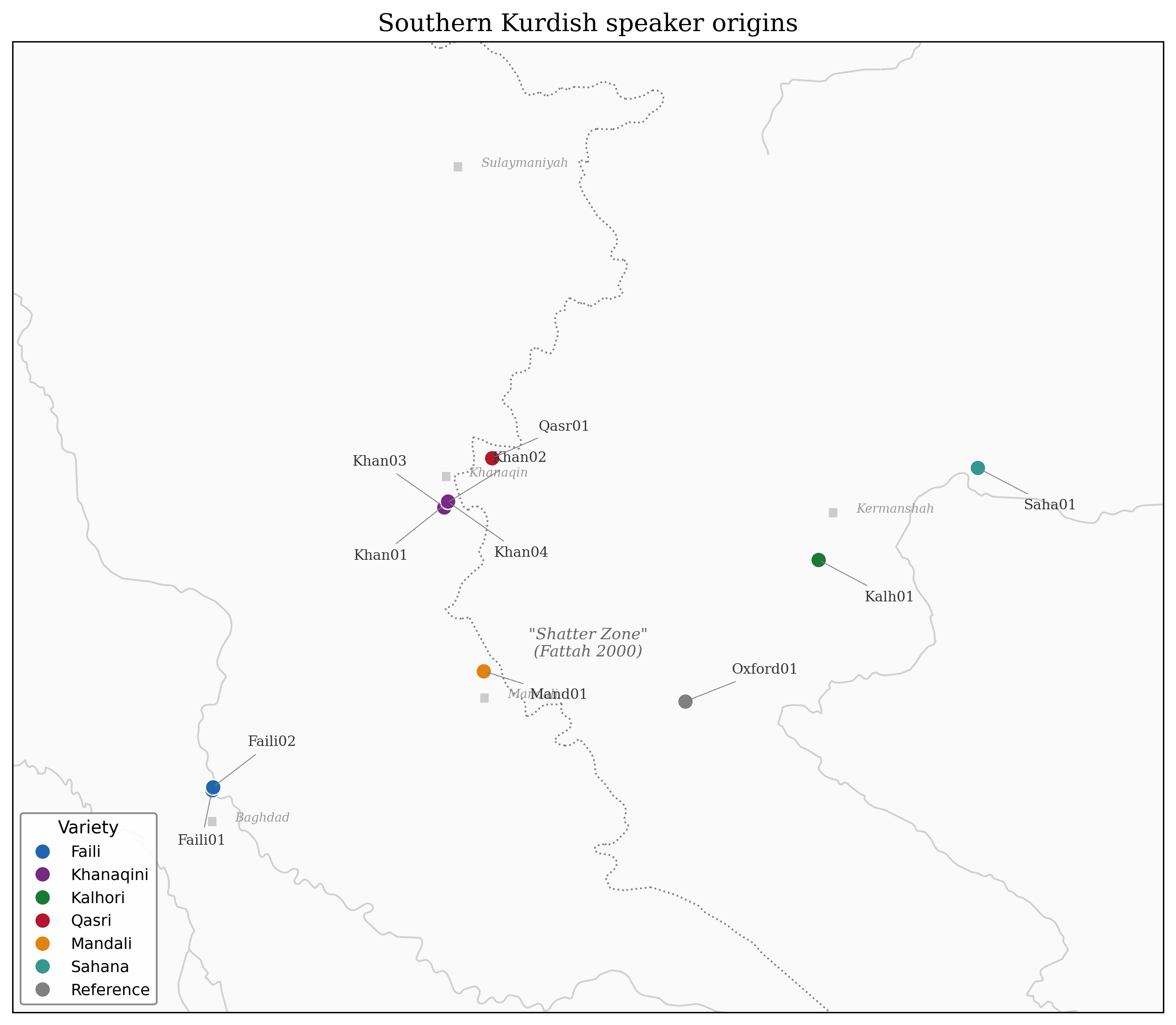 Map of Southern Kurdish speaker origins across the Iraq-Iran borderlands