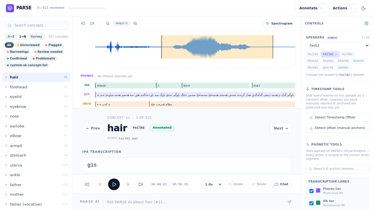 PARSE transcription lanes showing parallel IPA and orthographic tiers for one speaker