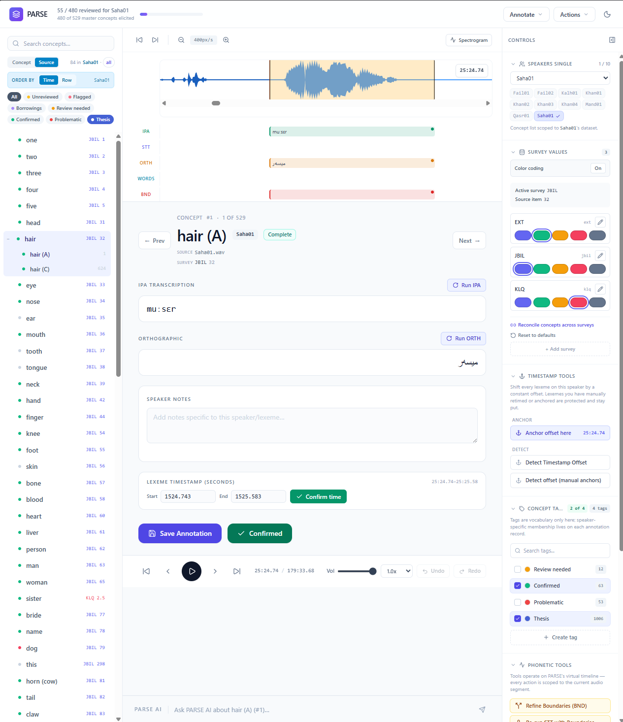 PARSE Annotate workstation showing waveform with parallel transcription tiers and ranked candidate regions
